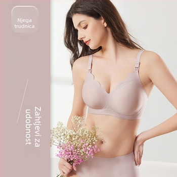 Trudnički grudnjak za dojenje s tankim oblikovanim košaricama, podstava od najlona 50–70%, fiksni dvostruki naramenici, bez žice, stražnje zatvaranje s tri reda kopči, pogodna za cijelu trudnoću i dojenje