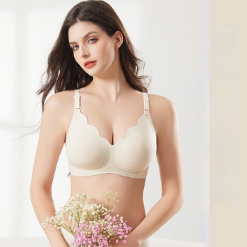 Trudnički grudnjak za dojenje s tankim oblikovanim košaricama, podstava od najlona 50–70%, fiksni dvostruki naramenici, bez žice, stražnje zatvaranje s tri reda kopči, pogodna za cijelu trudnoću i dojenje