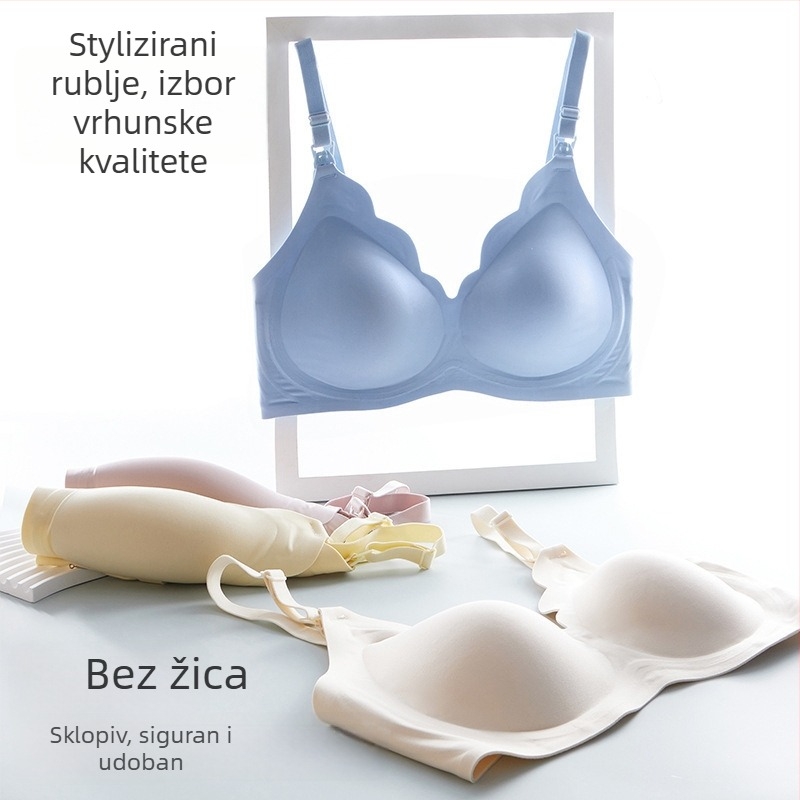 Trudnički grudnjak za dojenje s tankim oblikovanim košaricama, podstava od najlona 50–70%, fiksni dvostruki naramenici, bez žice, stražnje zatvaranje s tri reda kopči, pogodna za cijelu trudnoću i dojenje