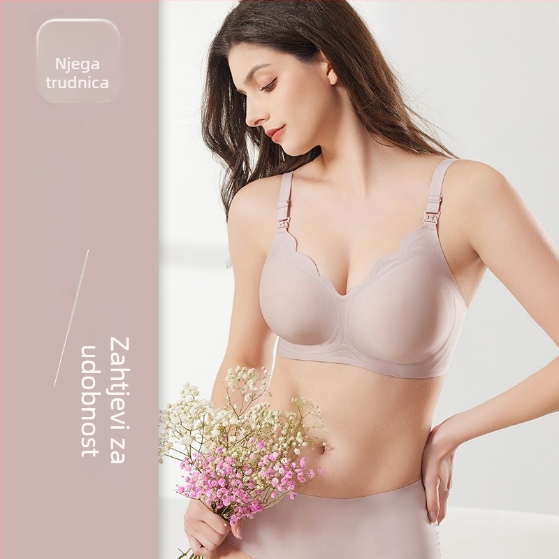 Trudnički grudnjak za dojenje s tankim oblikovanim košaricama, podstava od najlona 50–70%, fiksni dvostruki naramenici, bez žice, stražnje zatvaranje s tri reda kopči, pogodna za cijelu trudnoću i dojenje