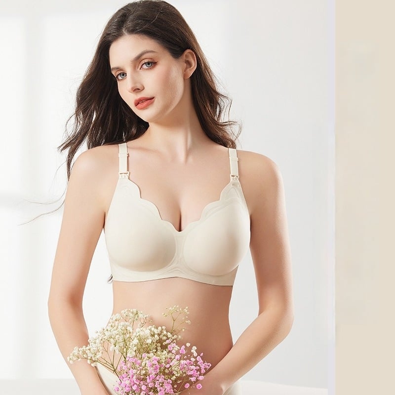 Trudnički grudnjak za dojenje s tankim oblikovanim košaricama, podstava od najlona 50–70%, fiksni dvostruki naramenici, bez žice, stražnje zatvaranje s tri reda kopči, pogodna za cijelu trudnoću i dojenje