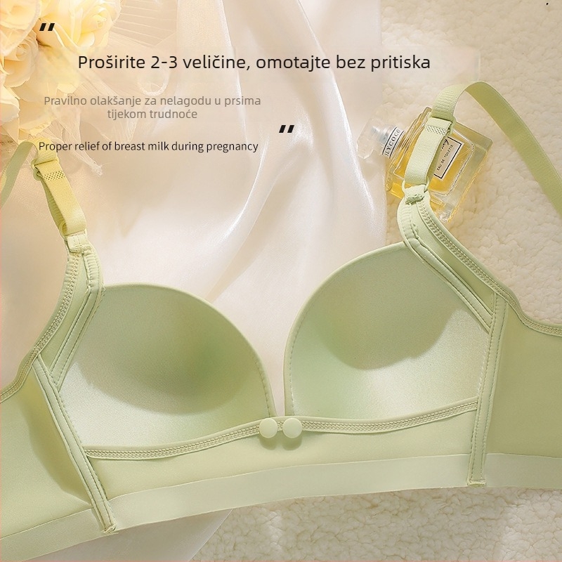 Sutien za dojenje bez žice, prednje otvaranje, tanak model; glavni materijal: najlon 70–80%, podstava spandeks <30%, čvrste dvostruke naramenice, za sva razdoblja dojenja