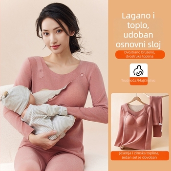 Trudnički jesensko-zimski pidžama set s mekanim flisom, top s otvorom za dojenje i hlaće, za trudnoću, postporođajno i dojenje, plus veličina