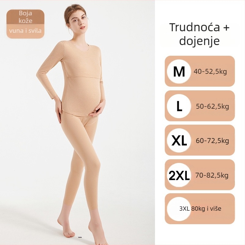 Trudničko termično gornje s okruglim izrezom, za dojenje, zimski komplet s hlačama — poliester 70–80%, dugi rukav, gusta tkanina 201–250 g/m²