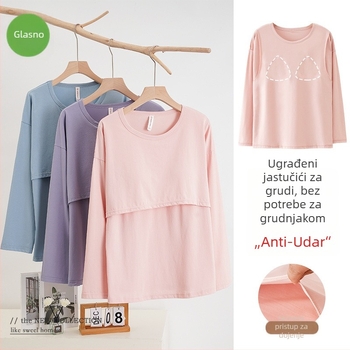 Pidžama top za dojenje za majke nakon poroda, 95-100% pamuka, s umetcima za dojke, elastičan materijal, dugi rukavi, preko glave, pogodan za sve sezone