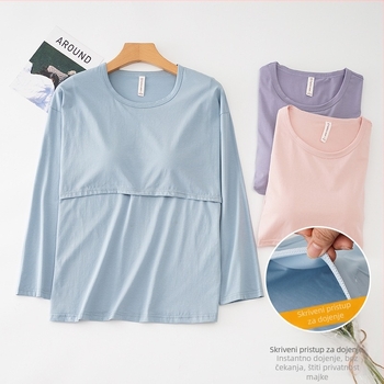 Pidžama top za dojenje za majke nakon poroda, 95-100% pamuka, s umetcima za dojke, elastičan materijal, dugi rukavi, preko glave, pogodan za sve sezone