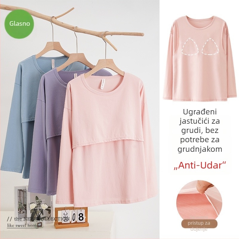 Pidžama top za dojenje za majke nakon poroda, 95-100% pamuka, s umetcima za dojke, elastičan materijal, dugi rukavi, preko glave, pogodan za sve sezone