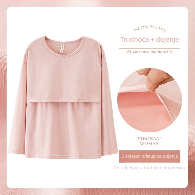 Pidžama top za dojenje za majke nakon poroda, 95-100% pamuka, s umetcima za dojke, elastičan materijal, dugi rukavi, preko glave, pogodan za sve sezone