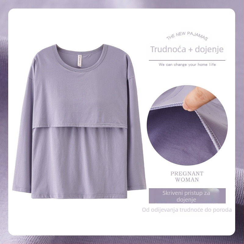 Pidžama top za dojenje za majke nakon poroda, 95-100% pamuka, s umetcima za dojke, elastičan materijal, dugi rukavi, preko glave, pogodan za sve sezone