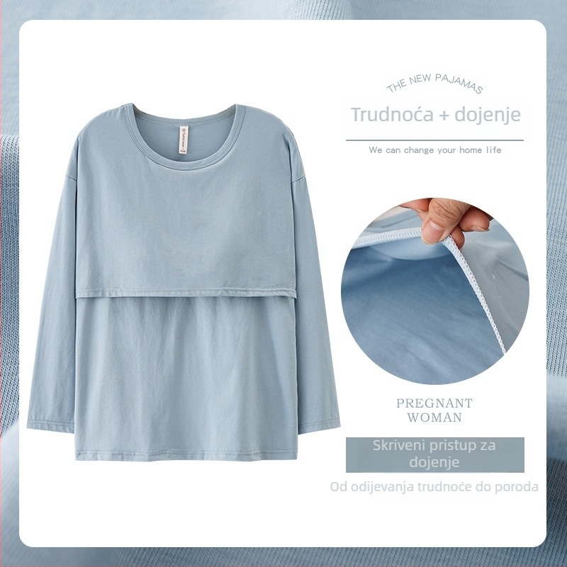 Pidžama top za dojenje za majke nakon poroda, 95-100% pamuka, s umetcima za dojke, elastičan materijal, dugi rukavi, preko glave, pogodan za sve sezone