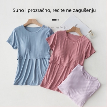 Laktacijska majica za trudnoću i postporođajno razdoblje – kratki rukav, viskoza 90–95%, ležerni prozračni top za dojenje, umjerena gustoća, pogodno za sve godišnje doba