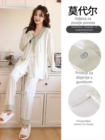 Postporođajni kimono set za dojenje – cvjetni uzorak, dugi rukavi, hlačasti kostim, poliestersko-spandeks smjesa
