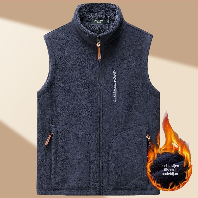 Muška fleece jakna za jesen-zimu s kapuljom, opuštenog kroja, zatvarač sprijeda, stojeći ovratnik, prešiven dizajn
