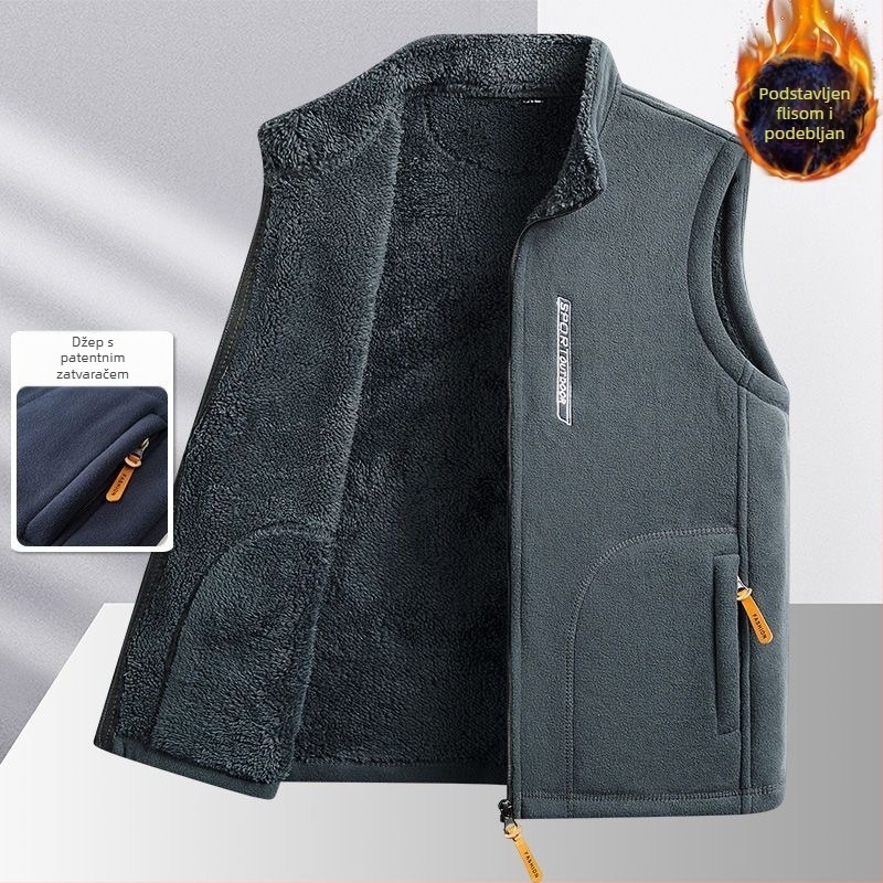 Muška fleece jakna za jesen-zimu s kapuljom, opuštenog kroja, zatvarač sprijeda, stojeći ovratnik, prešiven dizajn