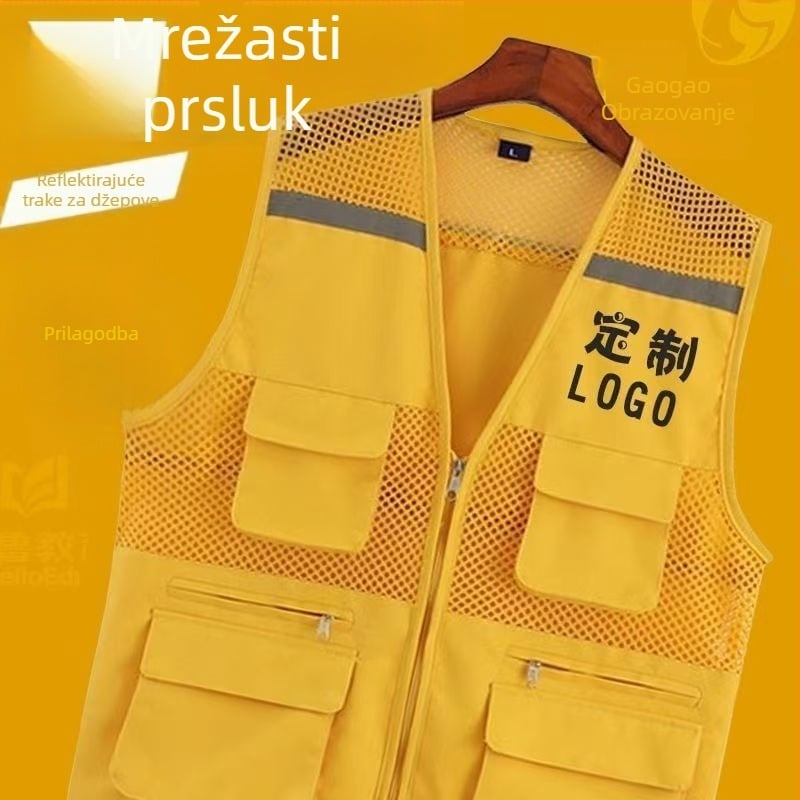 Volonterski mrežasti prsluk s tiskom loga, prozračan, reflektirajući, zatvaranje patentnim zatvaračem, pogodan za sve godišnje doba