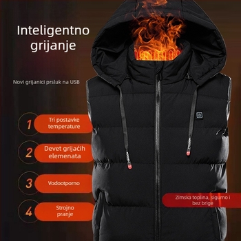 USB napajana grijana vesta – devet-zonsko grijanje, kapuljača, debela poliester podstava, muška zimska vesta