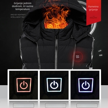 USB napajana grijana vesta – devet-zonsko grijanje, kapuljača, debela poliester podstava, muška zimska vesta