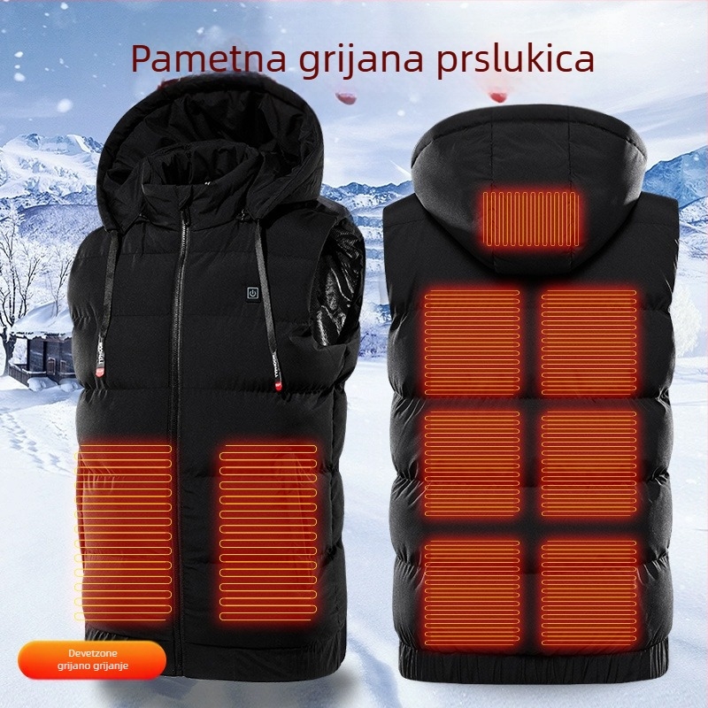 USB napajana grijana vesta – devet-zonsko grijanje, kapuljača, debela poliester podstava, muška zimska vesta