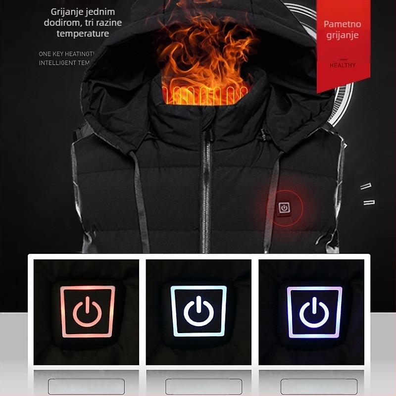 USB napajana grijana vesta – devet-zonsko grijanje, kapuljača, debela poliester podstava, muška zimska vesta