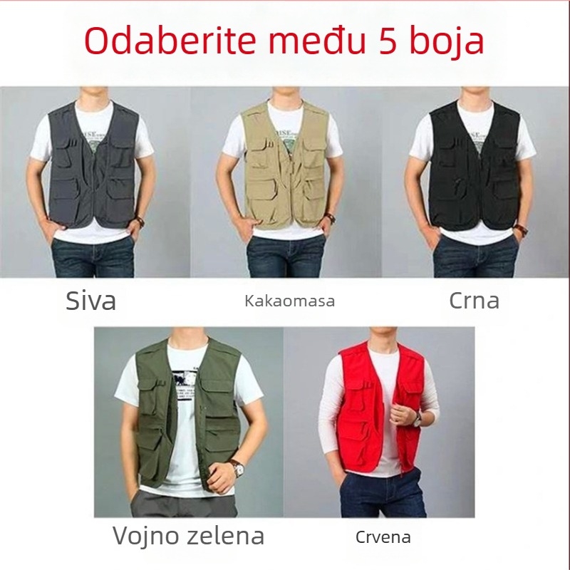 Muška outdoor vesta s višestrukim džepovima, V-izrezom, zatvaračem, bez kapulje, opuštenog kroja