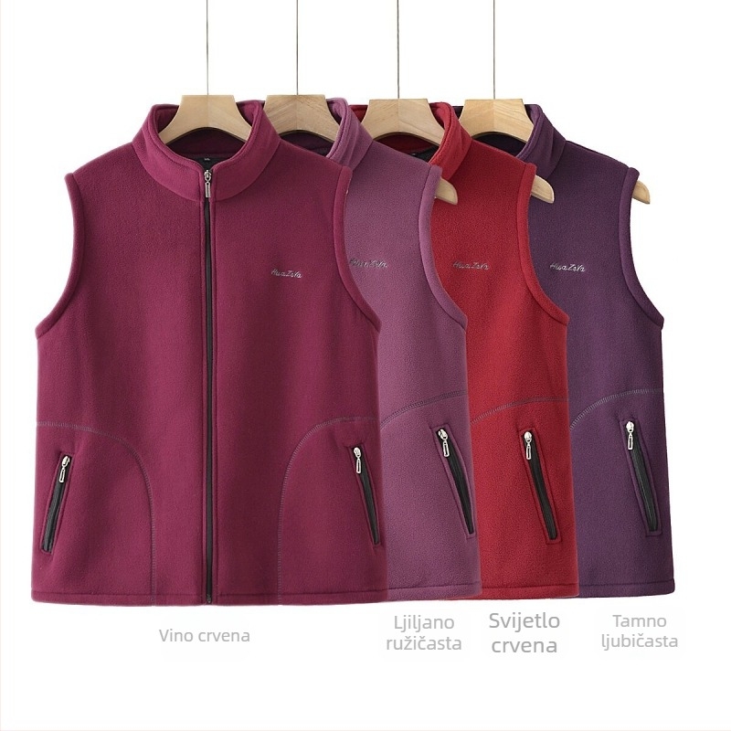 Ženski kardigan-vest od granuliranog velura, fleec podstava, stojeći ovratnik, jesen 2025