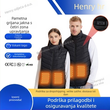 Električna grijana vesta s 26 zona zagrijavanja, četverozonski sustav kontrole temperature, vanjska najlonska tkanina, poliester punilo