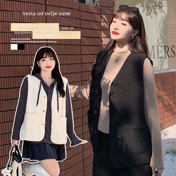 Ženska jednobojna kardigan-vest s granuliranim velutom, V izrez, na jedno kopčanje, srednja duljina, 95% poliester, Zima 2023, Phoenix Yishe