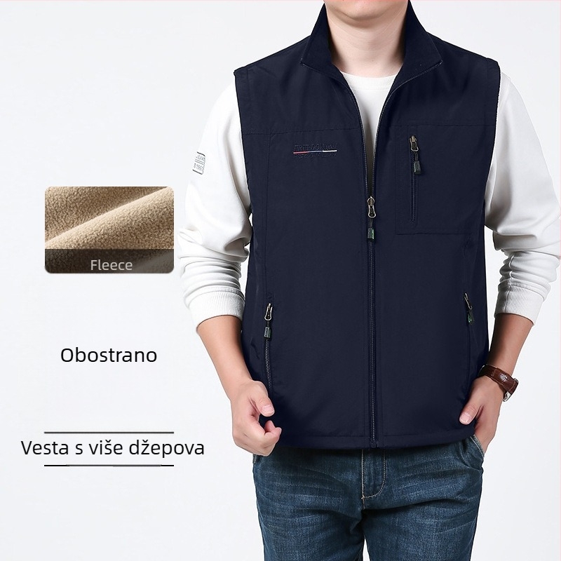 Muška dvostruka vesta s mnogobrojnim džepovima, slobodan kroj, stojeći ovratnik, zatvarač