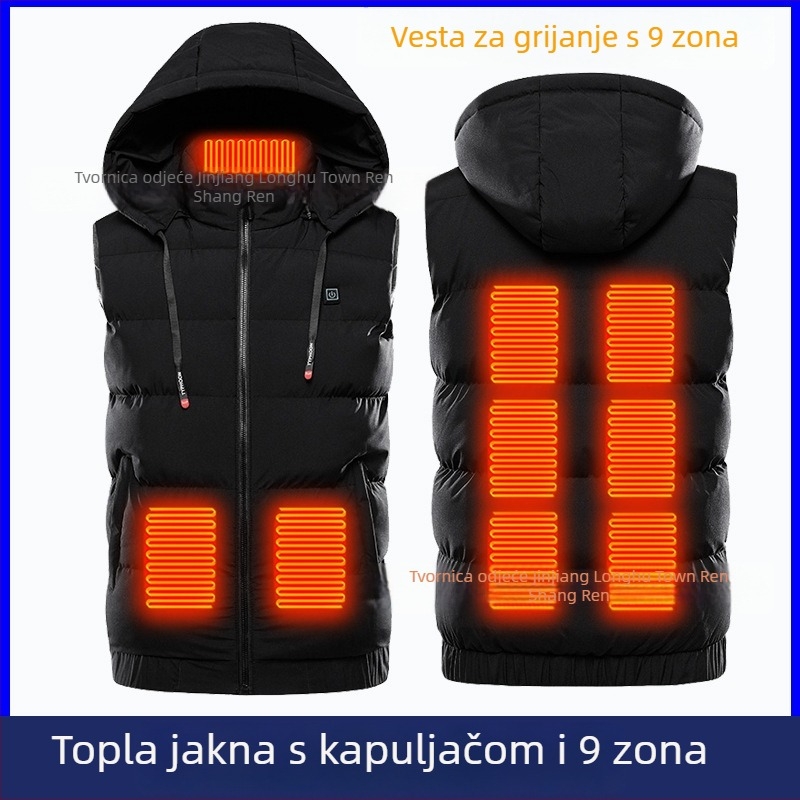 Električni grijani prsluk s kapuljačom, inteligentnim konstantnim grijanjem, pamučni nadjev, poliester tkanina, korejski stil, uski kroj