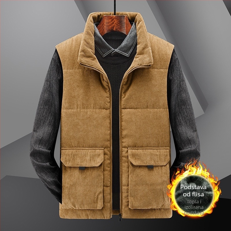 Muška corduroy vesta s fleece podstavom, stojeći ovratnik, zip zatvarač, zima, ležerno/poslovno, s višestrukim džepovima
