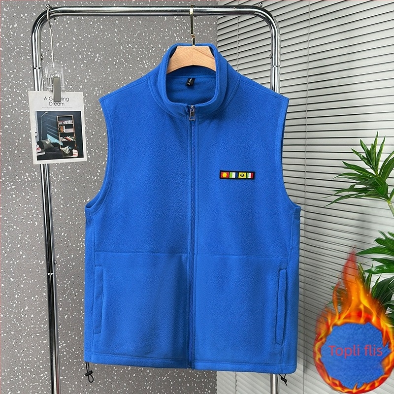 Muška fleec veste bez rukava sa stojećim ovratnikom, zatvaračem, džepovima sa zatvaračem, bez kapucje, debeli fleece
