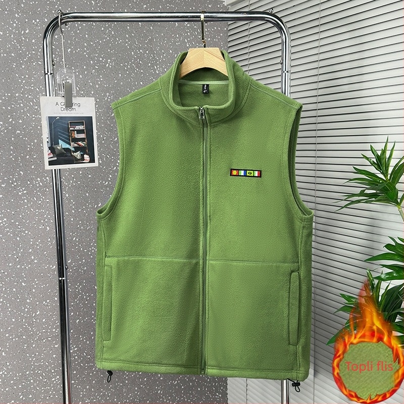Muška fleec veste bez rukava sa stojećim ovratnikom, zatvaračem, džepovima sa zatvaračem, bez kapucje, debeli fleece