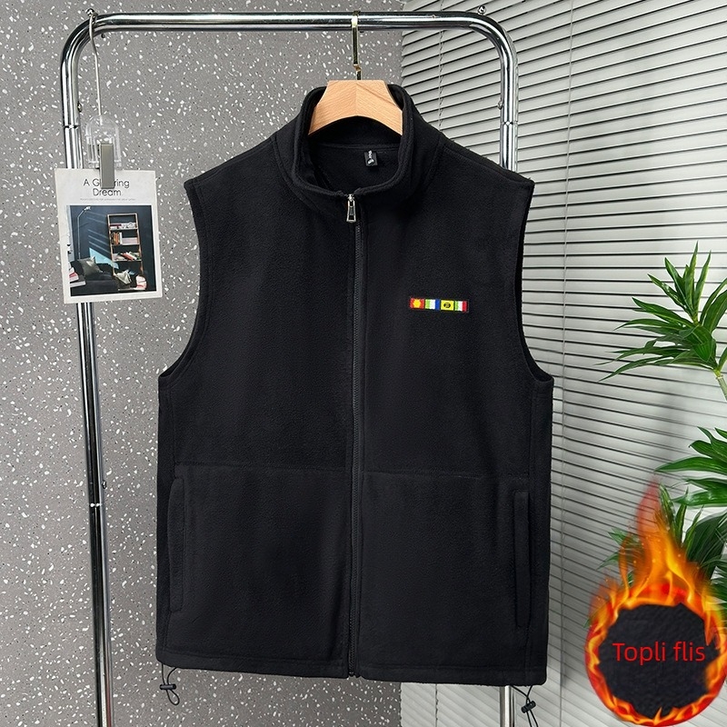 Muška fleec veste bez rukava sa stojećim ovratnikom, zatvaračem, džepovima sa zatvaračem, bez kapucje, debeli fleece