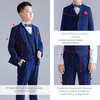 Dječji karirani trodijelni sako i hlače, V-izrez, jednobrojni, korejski stil formalno odijelo za dječake, poliester