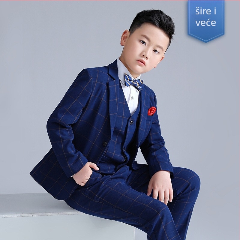 Dječji karirani trodijelni sako i hlače, V-izrez, jednobrojni, korejski stil formalno odijelo za dječake, poliester