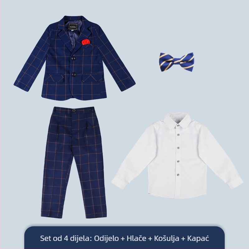 Dječji karirani trodijelni sako i hlače, V-izrez, jednobrojni, korejski stil formalno odijelo za dječake, poliester
