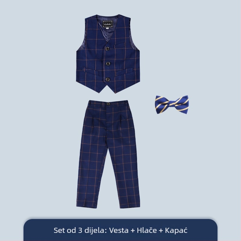 Dječji karirani trodijelni sako i hlače, V-izrez, jednobrojni, korejski stil formalno odijelo za dječake, poliester