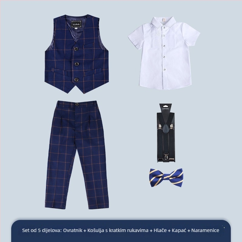 Dječji karirani trodijelni sako i hlače, V-izrez, jednobrojni, korejski stil formalno odijelo za dječake, poliester