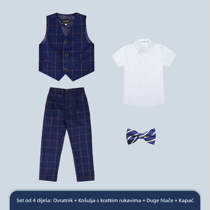 Dječji karirani trodijelni sako i hlače, V-izrez, jednobrojni, korejski stil formalno odijelo za dječake, poliester