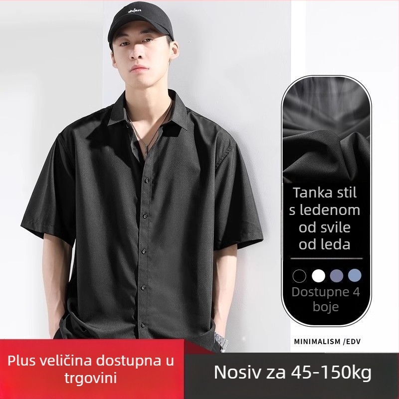 Muška kratka košulja za ljeto, lagana, komotna, s ovratnikom s klopom, jednobojna, s džepnim detaljima, velika veličina, otporna na gužvanje