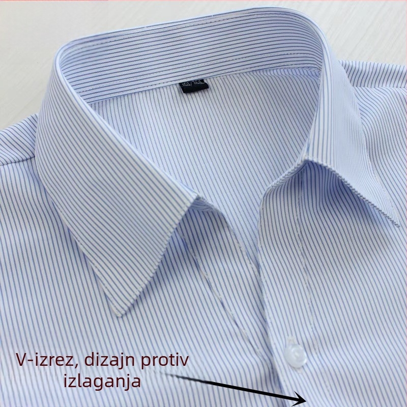 Ženska bijela košulja s plavim prugama, poslovni stil, dugi rukav, V izrez, skrivena kopčanja, plus veličina, pamuk-poliester mješavina
