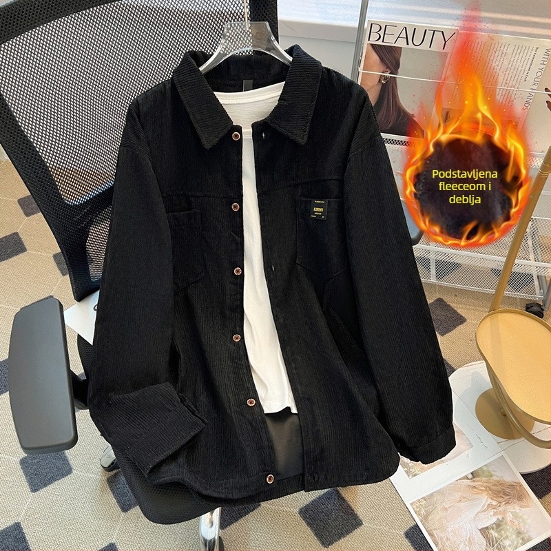 Corduroy košulja-jakna, pliš flis podstava, dugi rukav, šiljasti ovratnik, korejski stil, jesen-zima
