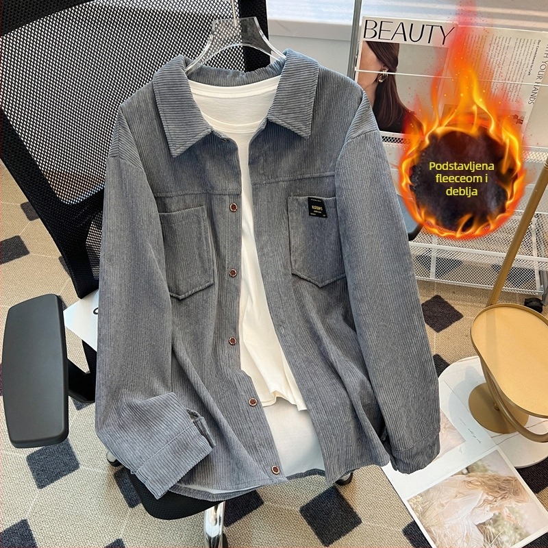 Corduroy košulja-jakna, pliš flis podstava, dugi rukav, šiljasti ovratnik, korejski stil, jesen-zima