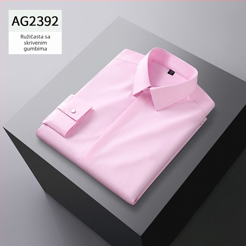 Muška košulja od vlakana bambusa, jednobojna, sa skrivenim kopčanjem, slim fit, dugi rukav, bez glačanja