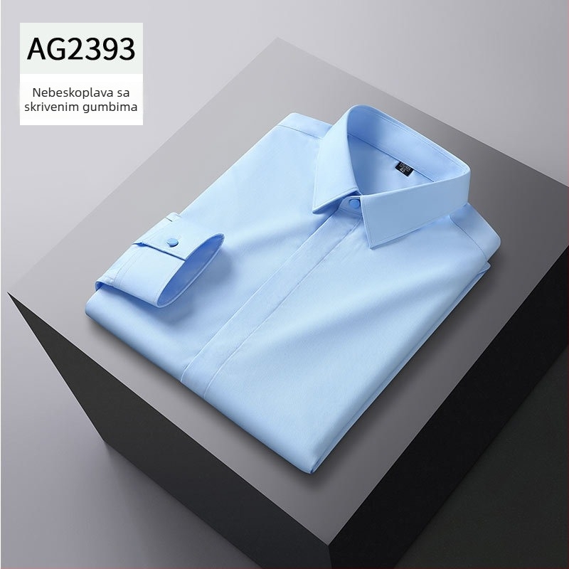 Muška košulja od vlakana bambusa, jednobojna, sa skrivenim kopčanjem, slim fit, dugi rukav, bez glačanja