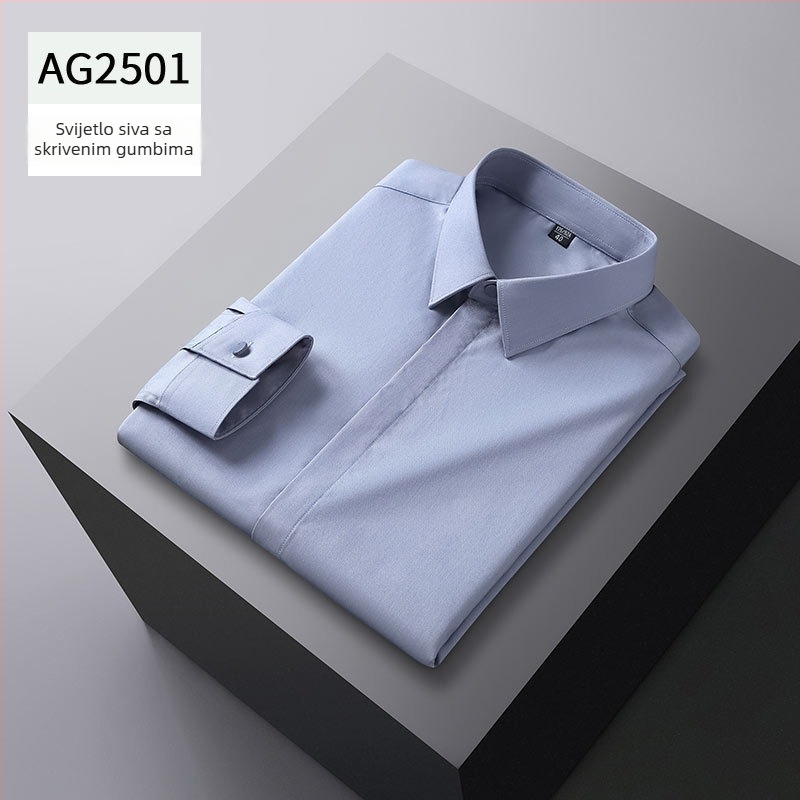 Muška košulja od vlakana bambusa, jednobojna, sa skrivenim kopčanjem, slim fit, dugi rukav, bez glačanja