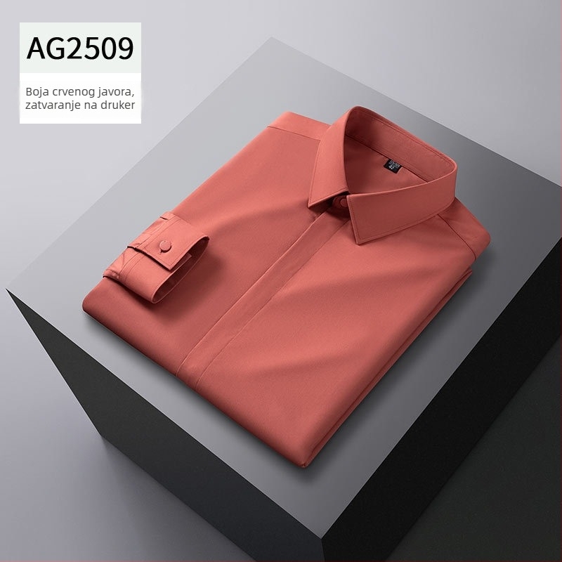 Muška košulja od vlakana bambusa, jednobojna, sa skrivenim kopčanjem, slim fit, dugi rukav, bez glačanja