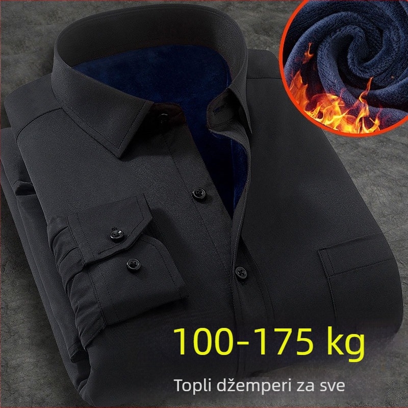 Plus veličine muška košulja s dugim rukavima, zimska fleec podstava, debela topla radna košulja, jednobojna, široki kroj, poslovni stil