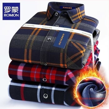 Romon muška zimska topla košulja s dugim rukavima, karirani uzorak, široka silueta, izvezeni detalji