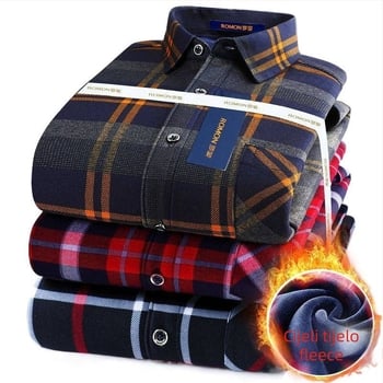 Romon muška zimska topla košulja s dugim rukavima, karirani uzorak, široka silueta, izvezeni detalji